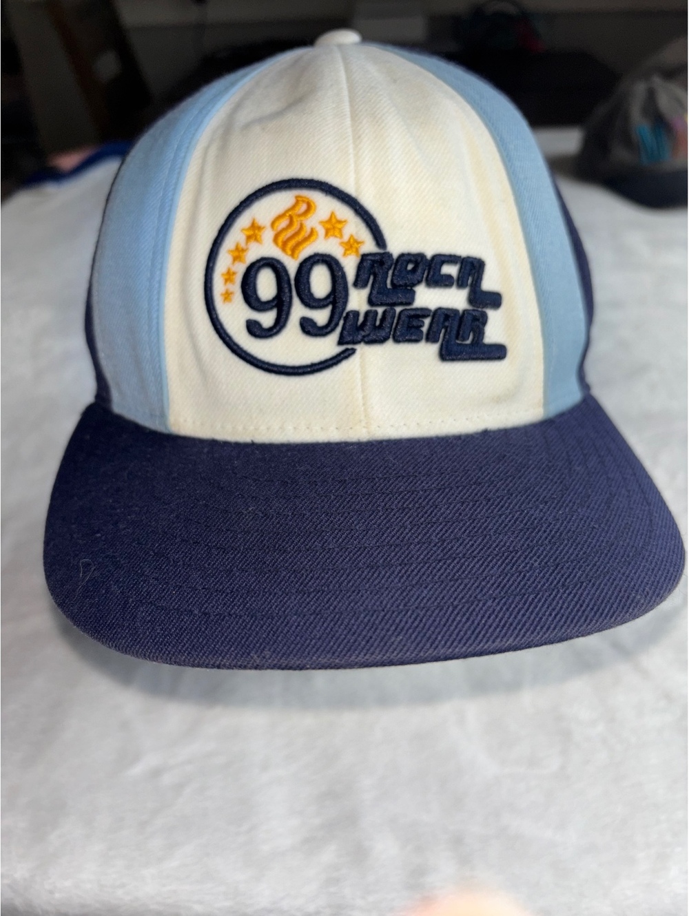 Vintage Rocawear 99 Fitted Hat 7 3/4 Y2K Hip Hop Flat Brim Cap Blue White